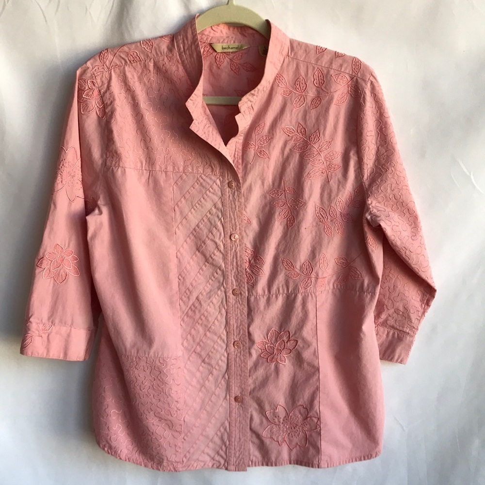 Bechamel peach 3/4-sleeve embroidered button-down top with Mandarin collar, L
